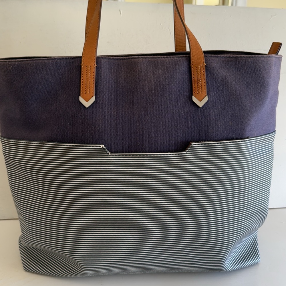 Stella and Dot Union Street tote blue and white stripe tan handle bottle pocket